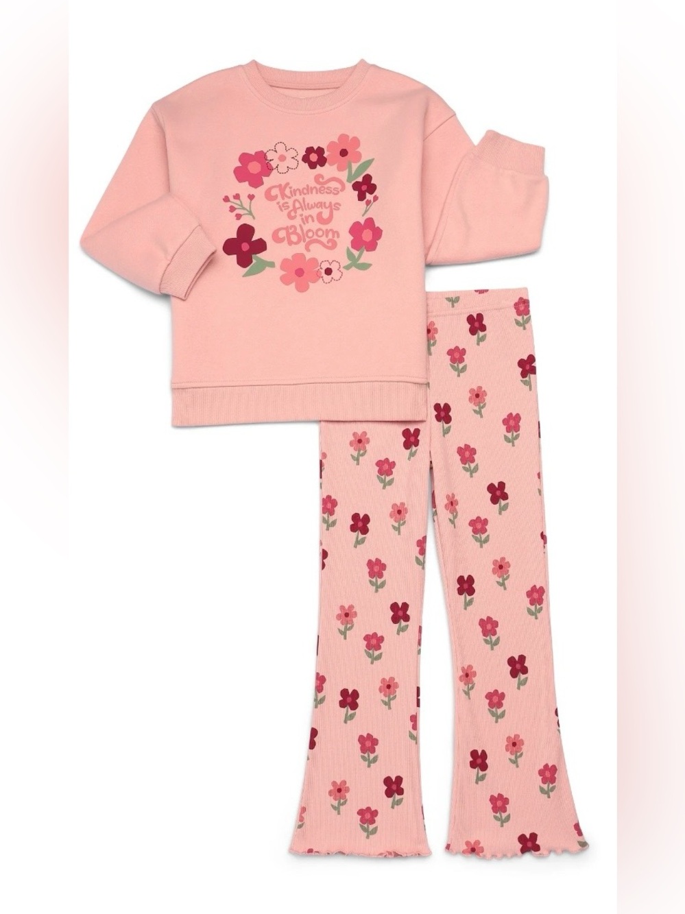 Girls Pink Floral Pajama Set with Kindness Quote